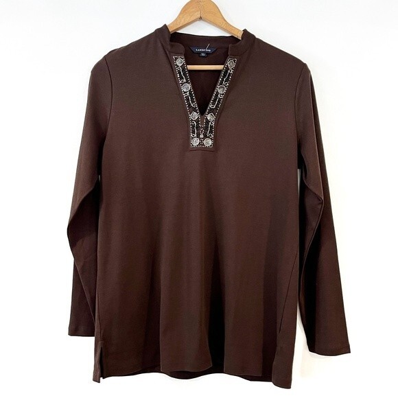 Lands' End Brown Tunic Beaded Split Neck Medium Solid Boho Coastal - Picture 3 of 9